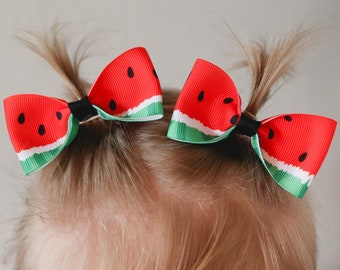 Denim pigtail bows Summertime hair bow Grosgrain ribbon hair bow Alligator clip bow