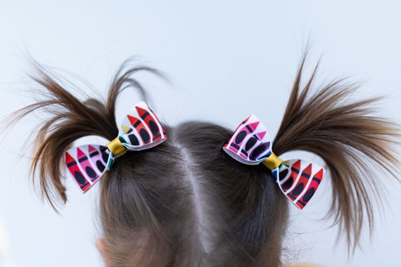 Denim pigtail bows Summertime hair bow Grosgrain ribbon hair bow Alligator clip bow
