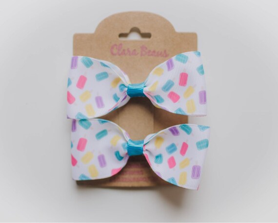 Denim pigtail bows Summertime hair bow Grosgrain ribbon hair bow Alligator clip bow