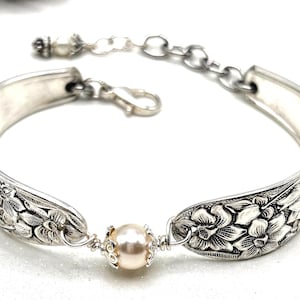 Spoon Bracelet: Very Rare 1935 'Narcissus' Pattern, Shimmering Swarovski 8mm Cream Rose Pearl, Sterling Silver Bead Caps, Adjustable.