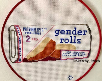 Gender Rolls Modern Subversive Feminist Finished Cross Stitch in Hoop