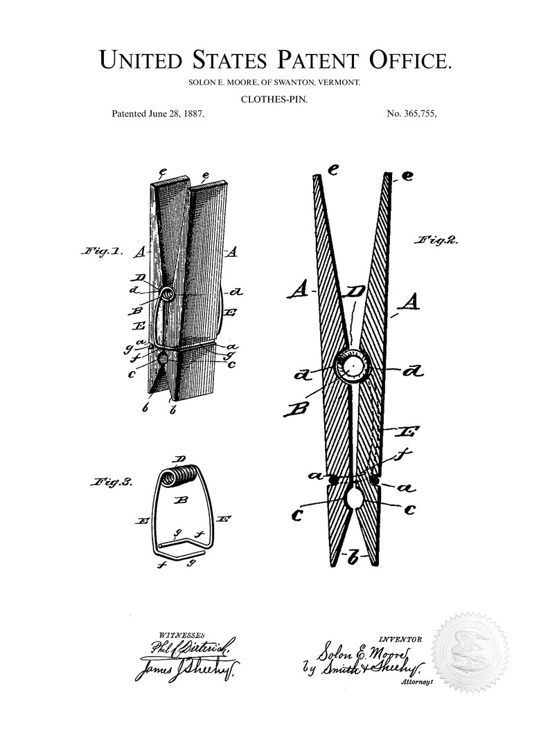1887 CLOTHES PIN Patent Print Laundry room decor Restroom Etsy