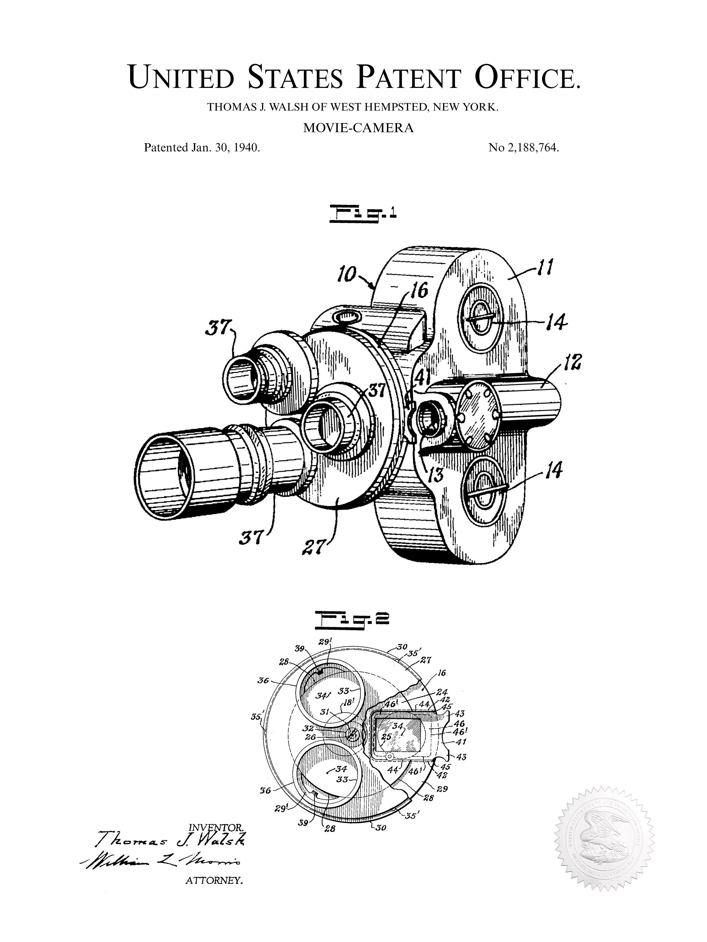Digital Art & Collectibles Movie memorabilia 1940 Movie Camera Patent
