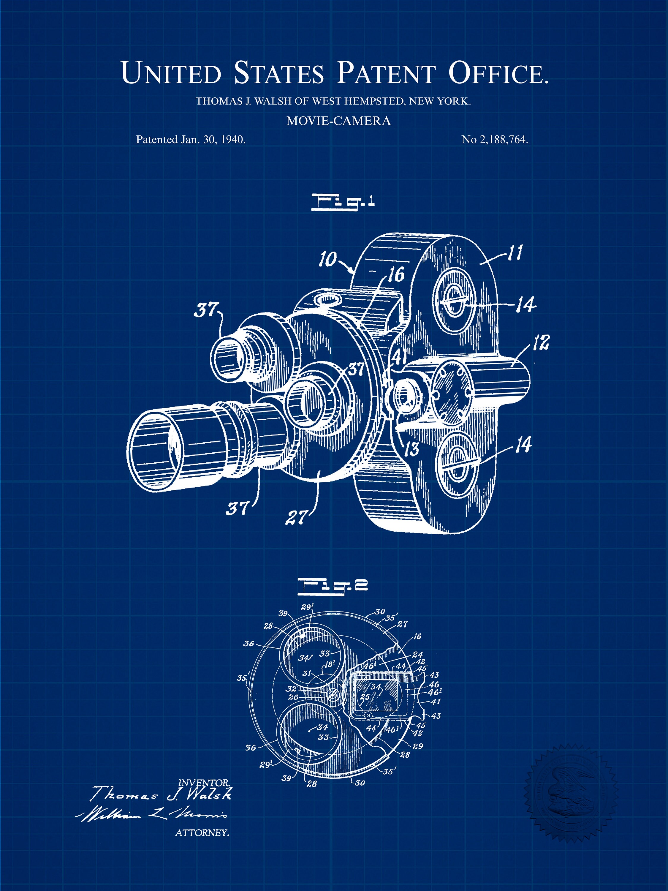 Digital Art & Collectibles Movie memorabilia 1940 Movie Camera Patent