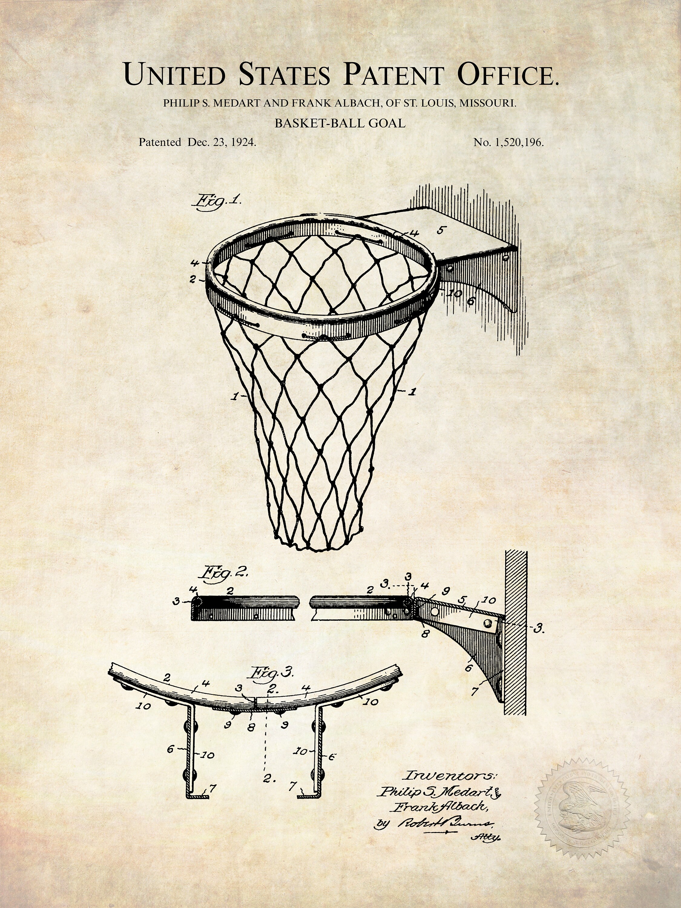 1924 BASKETBALL HOOP Patent Print Antique Basketball art Etsy