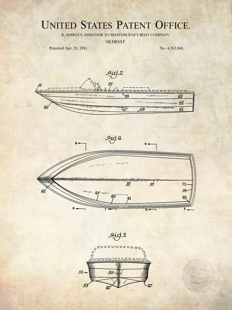 Retro ski boat Beach house d\u00e9cor Antique power boat WATER SKI Collection 2 Patent Print Set Summer house decor Water ski patent