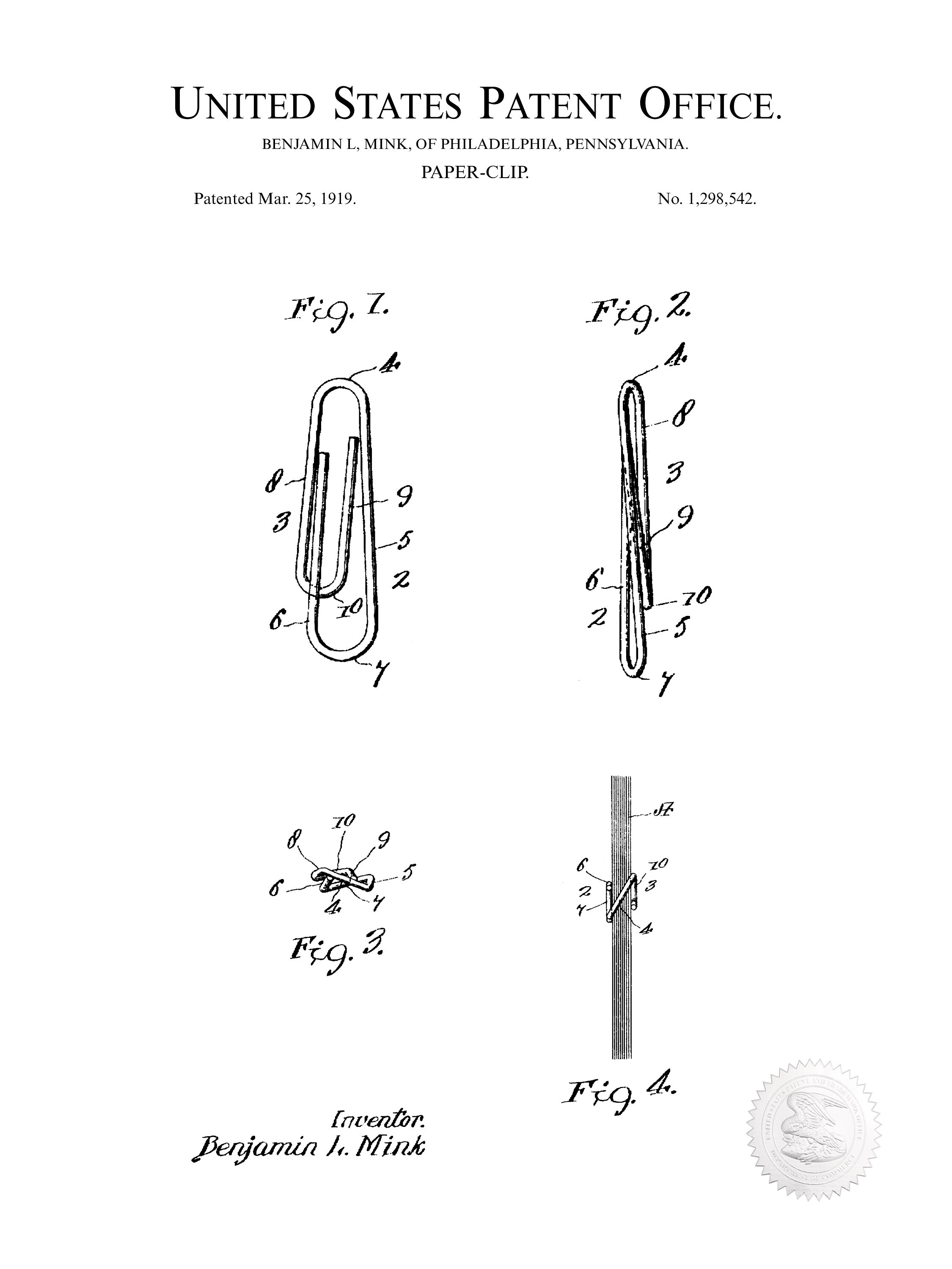 1919 PAPER CLIP PATENT Vintage Office Patent Print Office Etsy Canada