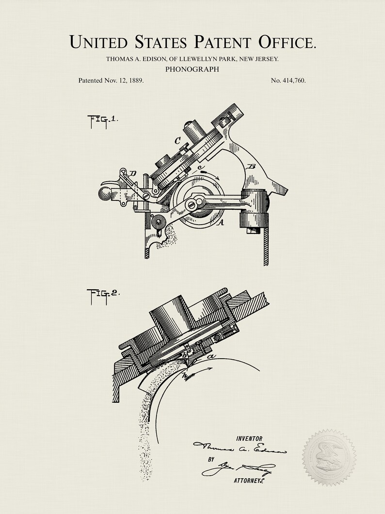 1889 THOMAS EDISON PHONOGRAPH Patent Thomas Edison Print | Etsy