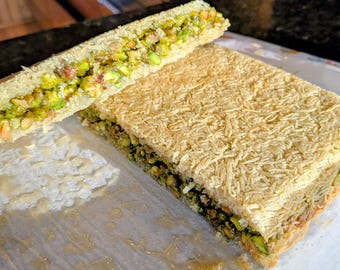 Ballourieh,Homemade Syrian Knafeh Dessert: Pistachio, Phyllo, Orange Blossom Water (Vegan Option)
