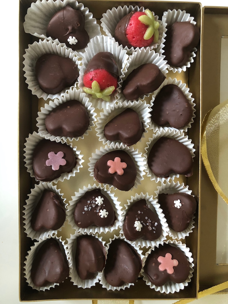 Marzipan Fruit Candies, filled pistachio or chocolate covered, Vegan Sweets (Keto Option) Choc Covered hearts