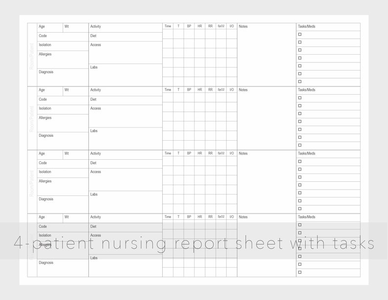 4 Patient Nursing Report Sheet With Tasks - Etsy