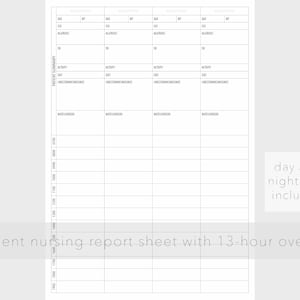 4 Patient Nursing Report Sheet with 13-hour overview