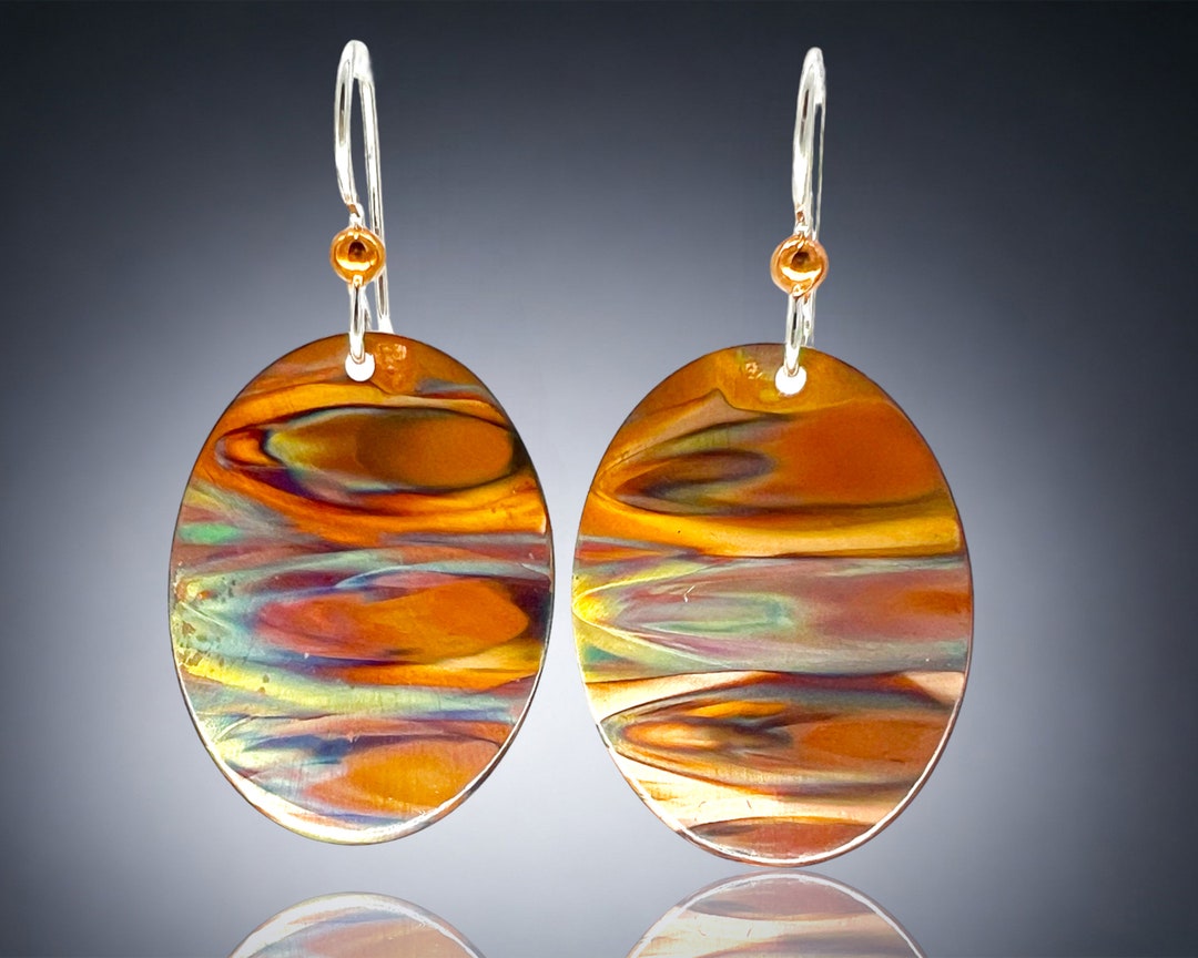 Flame Paint Torch Colored Copper Earrings Lightweight Oval Etsy