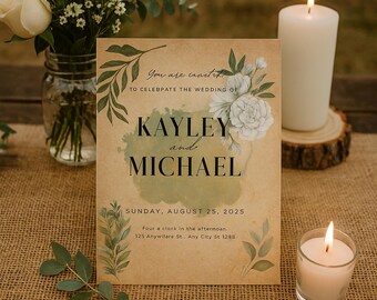 以下が含まれることがあります： 結婚式の招待状。KayleyとMichaelの名前と花の装飾が施されています。招待状は、キャンドルと花のある素朴な背景にあります。日付は2025年8月25日です。