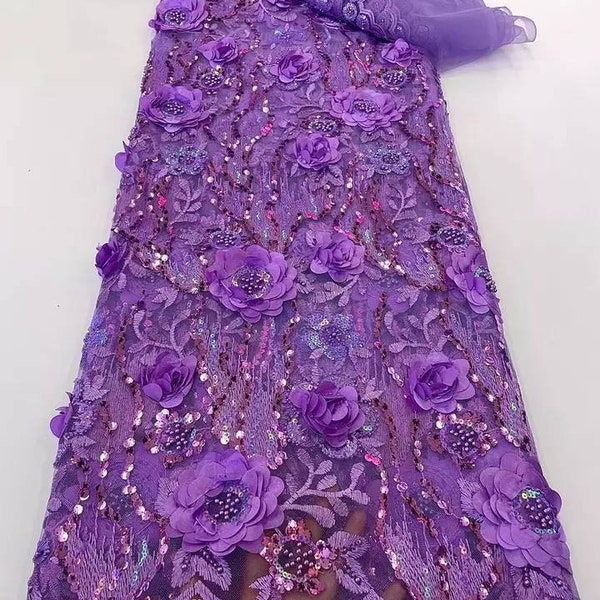 Multicolor Floral & Sequin Embroidered 3D Floral French Lace with Beaded Appliqué and Sequins on Soft Mesh Tulle Fabric main image 0