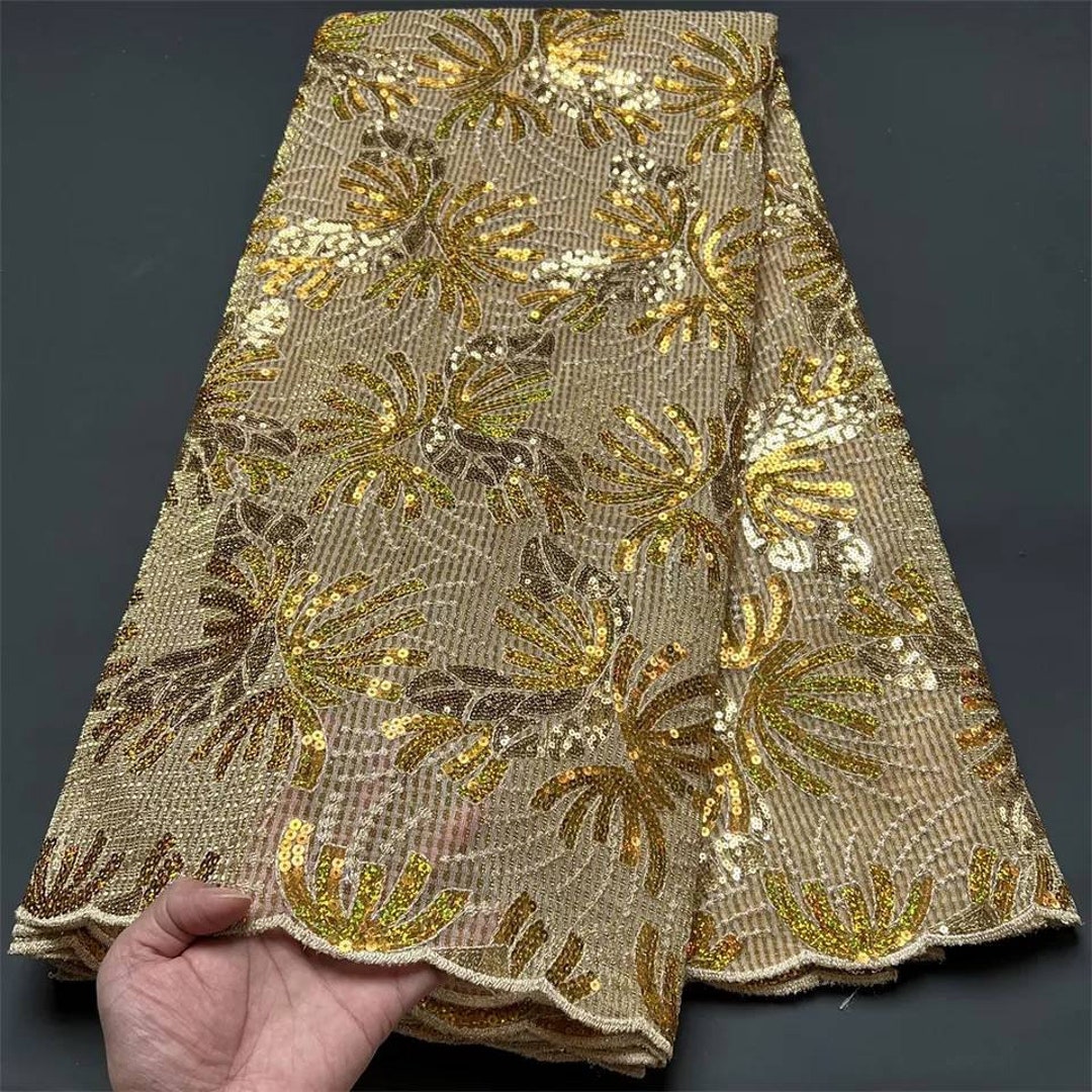 2023 High Quality African Lace Fabrics Nigerian Tulle Lace Fabric With Sequins  Embroidery Sewing Guipure Net Cloth Prom Dresses Beads 5yards 