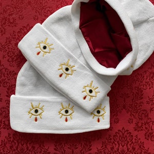 WHITE Angel Eyes - 360 Embroidered Beanie with Red Satin lining