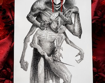 Könnte beinhalten: Detaillierte Schwarz-Weiß-Illustration einer monströsen Figur mit mehreren Armen und einem maskenartigen Gesicht. Die Figur hat ein skelettartiges Aussehen, mit roten Streifen, die Blut andeuten. Das Kunstwerk befindet sich auf weißem Papier.
