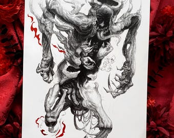 Könnte beinhalten: Detaillierte Schwarz-Weiß-Illustration einer monströsen Figur mit skelettartigem Gesicht und länglichen Gliedmaßen. Rote Akzente heben das Kunstwerk hervor, das als Feder- und Tuschezeichnung auf weißem Papier erscheint. Das Kunstwerk hat ein dunkles, gotisches Thema.