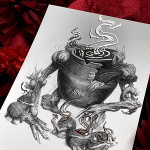 May include: A detailed pencil drawing of a fantastical creature with a large, pot-like body and multiple arms. The creature has a maze-like design on its head and is surrounded by smaller, teapot-like figures. The artwork is on white paper.