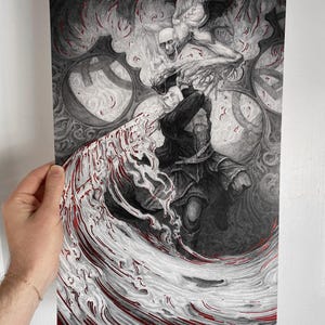 May include: A black and white illustration featuring a figure in dark clothing, with a flowing, wave-like element in red and white. Above the figure are two other figures, one skeletal. The artwork has a gothic or fantasy theme.