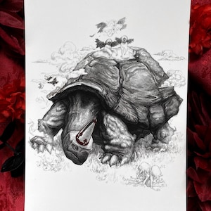May include: A black and white graphite drawing on paper depicting a large tortoise with a textured shell. A small, pointed, red-accented cone sits on its head. Two winged figures stand on the shell, while another figure rests on the ground nearby.
