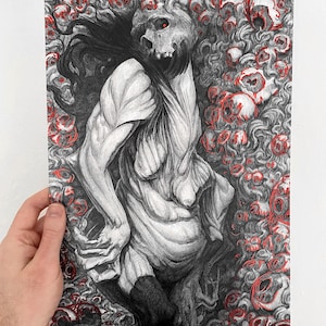 May include: A black and white drawing of a skeletal figure with a single red eye, surrounded by a swirling mass of red eyes.