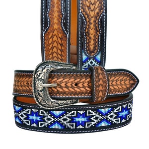 Handgefertigte Western Rodeo Strapazierfähiger Perlenvoller Ledergürtel Unisex mit abnehmbarer Schnalle AF30AB007