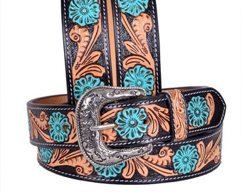 Handmade Tooled Leather Western Belt: Turquoise Floral, Removable Buckle Personalized