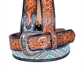 Handmade Tooled Leather Western Belt: Beaded Rodeo Design, Removable Buckle, Personalized