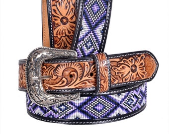 Vintage Leather and Aztec Beaded Design Belt Silver Buckle  display picture 1
