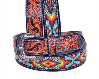 Personalized Handmade Western Rodeo Heavy Duty Beaded Full-Grain Leather Tooled Belt Unisex with Removable Buckle  AF30IS109