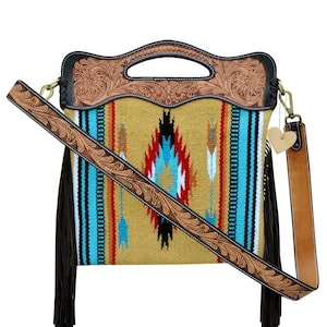 Personalizable Genuine Leather and Saddle Blanket Shoulder Bag with Hand Tooled Strap and Hand tooled Handle AF20AB003