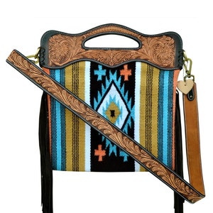 Personalizable Genuine Leather and Saddle Blanket Shoulder Bag with Hand Tooled Strap and Hand tooled Handle AF20AB010
