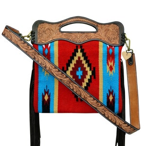 Personalizable Genuine Leather and Saddle Blanket Shoulder Bag with Hand Tooled Strap and Hand tooled Handle AF20AB004