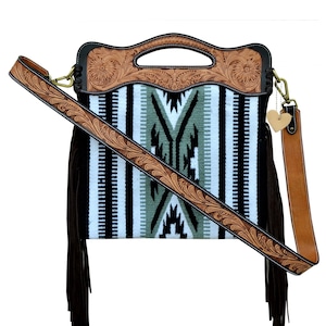 Personalizable Genuine Leather and Saddle Blanket Shoulder Bag with Hand Tooled Strap and Hand tooled Handle AF20AB005
