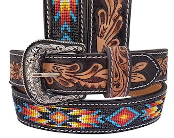 Personalized Western Belt: Beaded Floral Tooled Leather, Removable Buckle