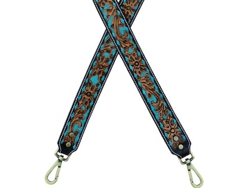 Personalized Hand Tooled Leather Western Purse Strap: Antique Brass Snaps, 1.5" Wide