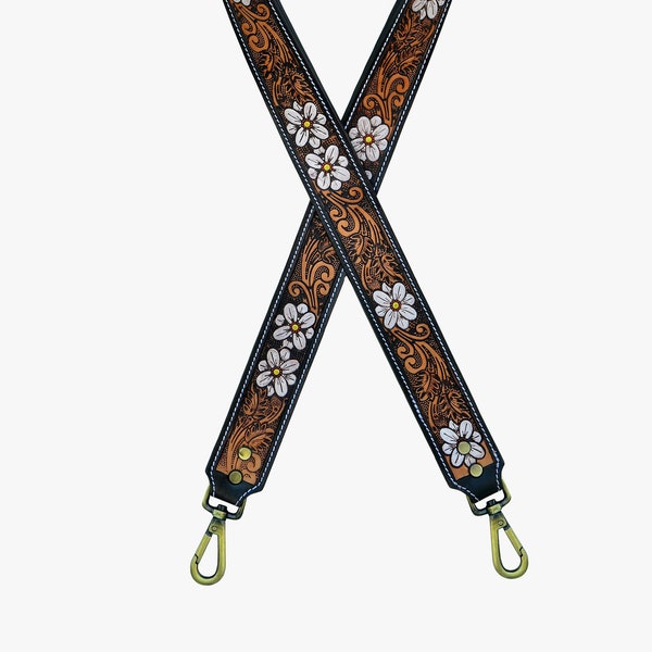 Premium Quality Personalizable Hand Tooled Leather Western Replacement Purse Strap or Camera Strap with Antique Brass Snaps AFS20AB509