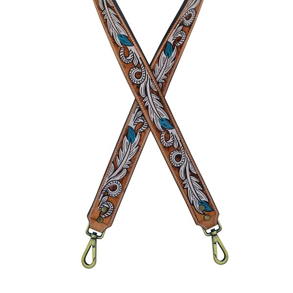 Premium Quality Personalizable Hand Tooled Leather Western Replacement Purse Strap or Camera Strap with Antique Brass Snaps AFS20AB506