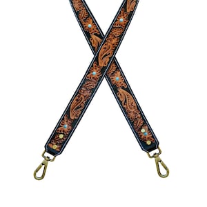 Hand Tooled Leather Western Purse Strap: Antique Brass Hardware