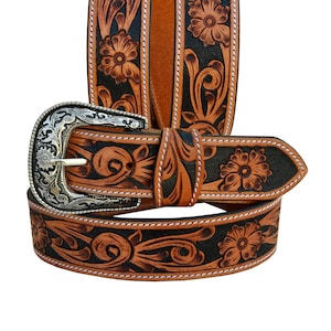 Ceinture western en cuir personnalisée : motif floral façonné à la main, boucle amovible