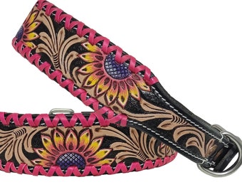 Personalized Western Dog Collar Hand Tooled Hand painted Sunflower Padded Genuine Leather AF10IS108