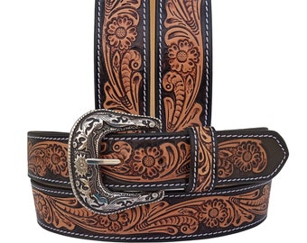 Handmade Floral Tooled Leather Western Belt with Removable Buckle Personalizable