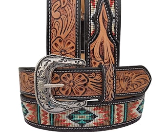 Vintage Leather Seed Bead Native American Southwest Belt - Etsy display picture 1