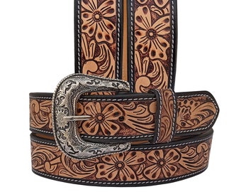 Personalized Genuine Leather Western Hand Tooled and Hand Finished Belt with Removable Buckle AF30IS006
