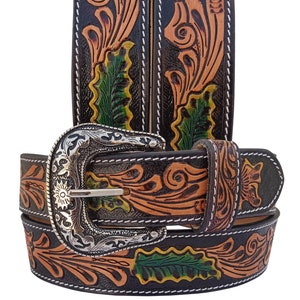 Handmade Leather Western Belt: Hand-Tooled Floral Design, Removable Buckle