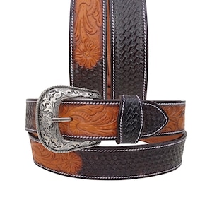 Hand Tooled Leather Western Belt: Floral Basket Weave, Removable Buckle Personalizable