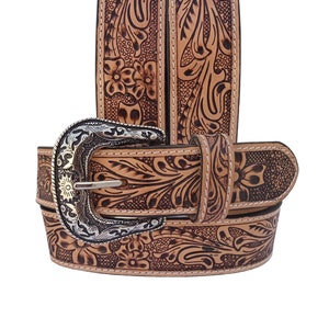 Hand Tooled Leather Western Belt: Floral Design, Removable Buckle