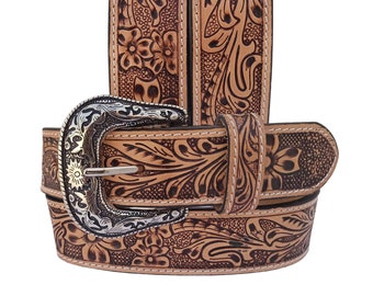 Hand Tooled Leather Western Belt: Floral Design, Removable Buckle